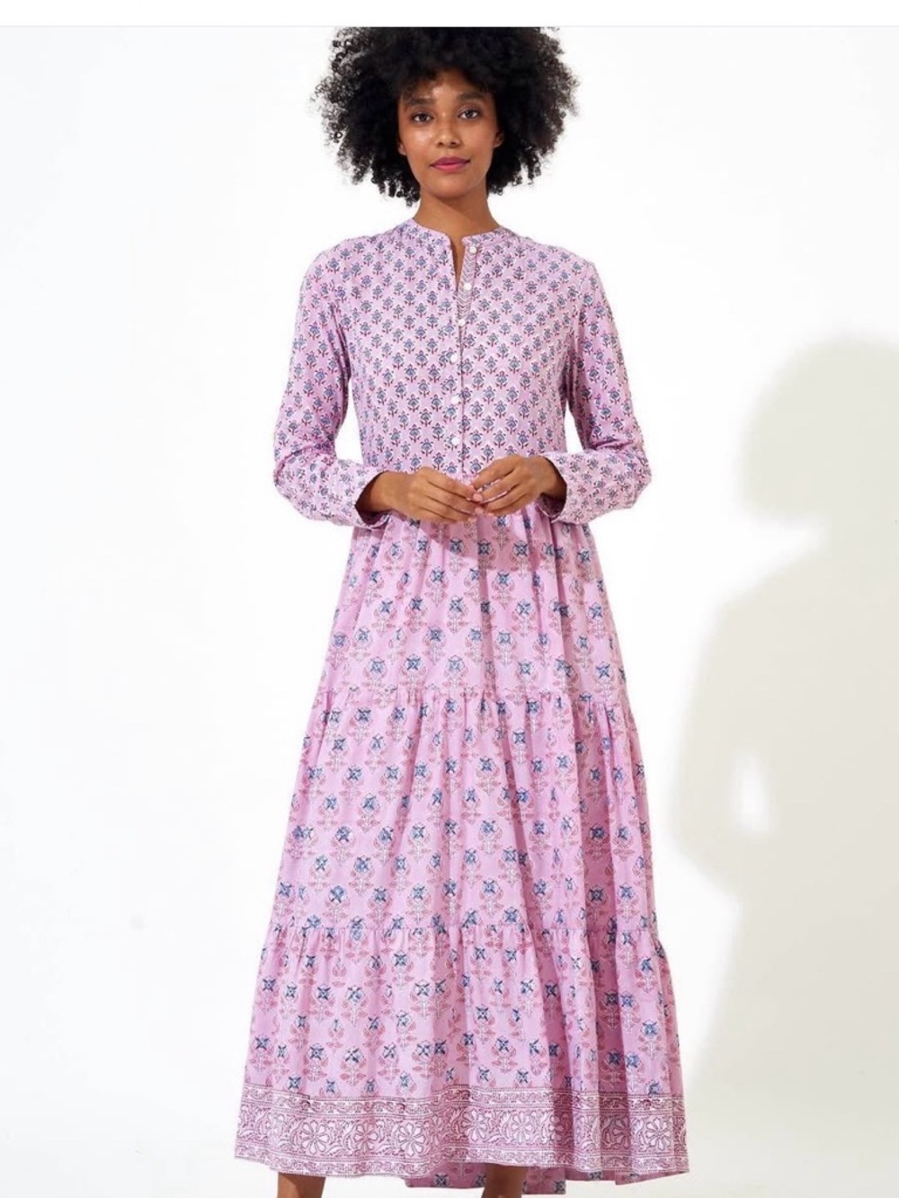 Oliphant Pink Printed Tiered Maxi Dress. Size Medium